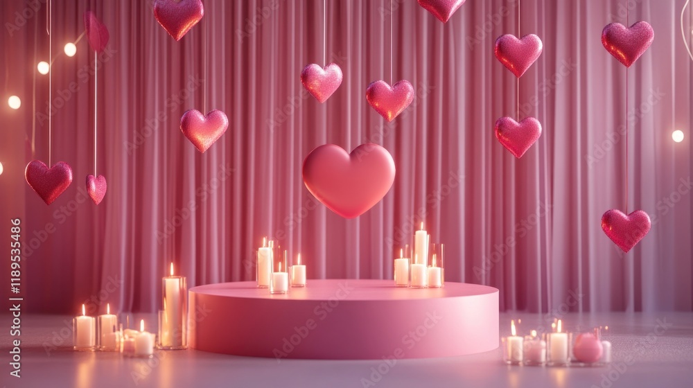 Romantic pink heart-shaped decorations and candles on a podium. Romantic pink heart-shaped decorations and candles on a podium.