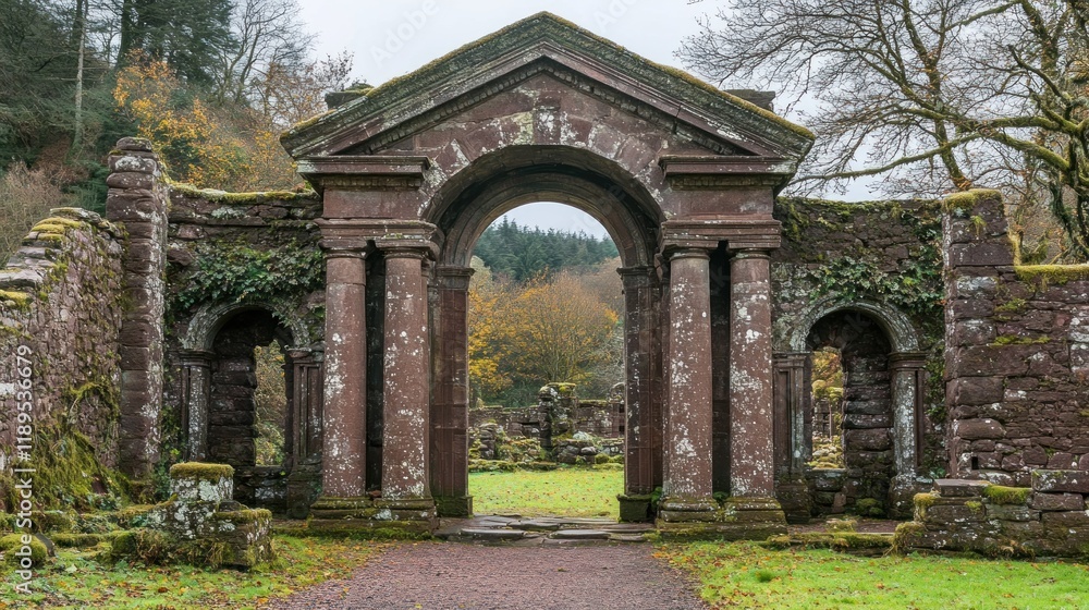 Ruin stone archway leading to a grassy glade in a park. Ruin stone archway leading to a grassy glade in a park.