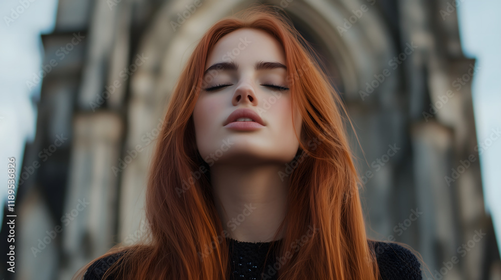 Captivating Red-Haired Woman in a Serene Moment - Elegant Portrait Art Captivating Red-Haired Woman in a Serene Moment - Elegant Portrait Art