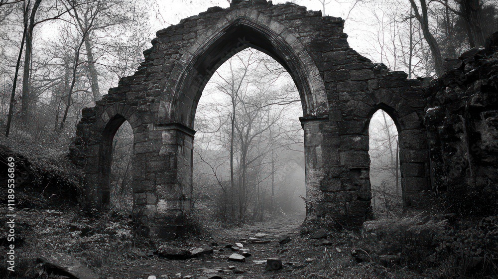 Ruined archway in a misty forest. Ruined archway in a misty forest.