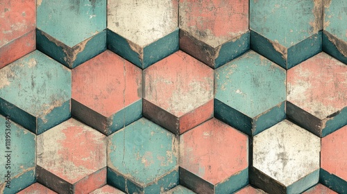 Retro geometric hexagonal pattern with distressed texture in pastel tones photo