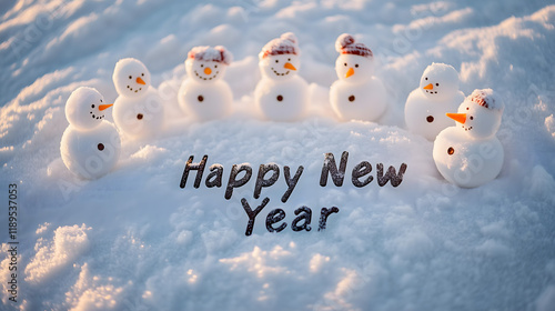 Happy New Year Message with Snowmen on a Winter Landscape