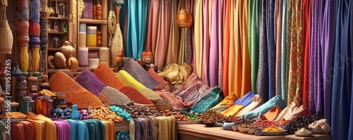 Vibrant Textile Market Display Featuring Colorful Fabrics and Exotic Spices. photo