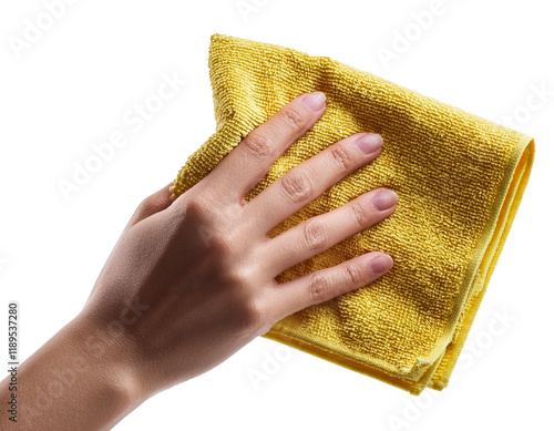 Hand dusting with cloth isolated on white background, cut out