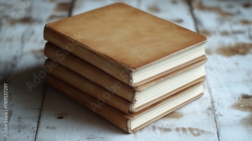 Stacked books on rustic wooden table showcasing a variety of covers in neutra...