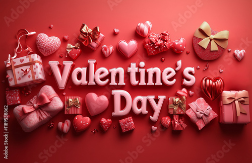 Happy Valentine's Day Poster or banner with cute font and many sweet hearts on red background