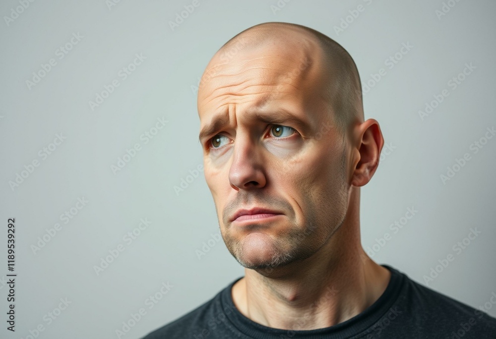 Bald man with distressed expression and neutral background Bald man with distressed expression and neutral background