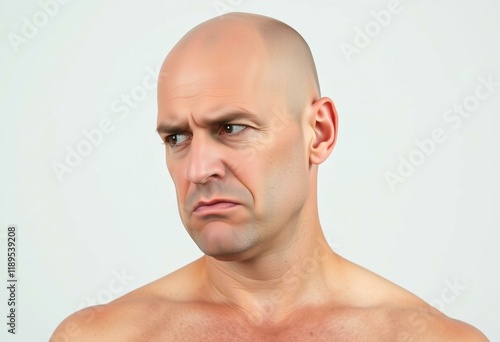 Bald man with scowling face