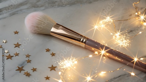 A makeup brush surrounded by stars, like a magic wand, creates an enchanting effect. The elegant composition with soft light and sparkle captures the magic of transformation during makeup. photo