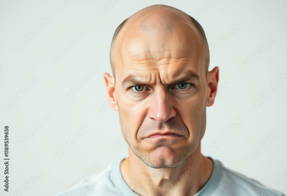 Obraz premium Bald man with scowl, neutral background, close-up face