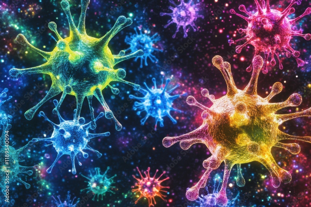 Fototapeta premium Viruses interacting with human cells in colorful depiction highlighting cellular invasion. Generative AI