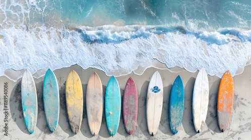 Colorful Surfboards Lined Up on Sandy Beach with Ocean Waves photo