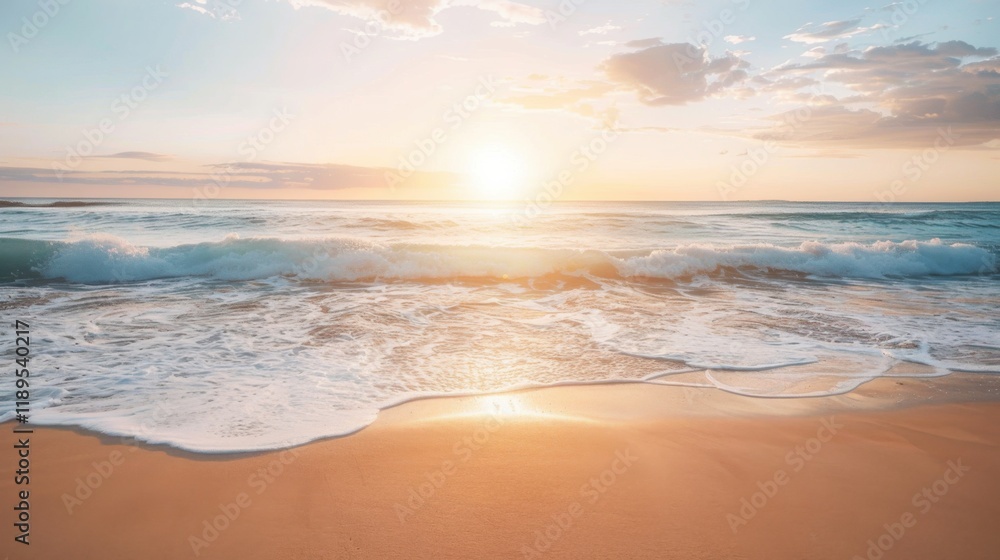 a tranquil coastal scene bathed in the warm glow of sunset, with golden sands stretching into the distance and gentle waves lapping at the shore, white space in the center of the page for text a tranquil coastal scene bathed in the warm glow of sunset, with golden sands stretching into the distance and gentle waves lapping at the shore, white space in the center of the page for text