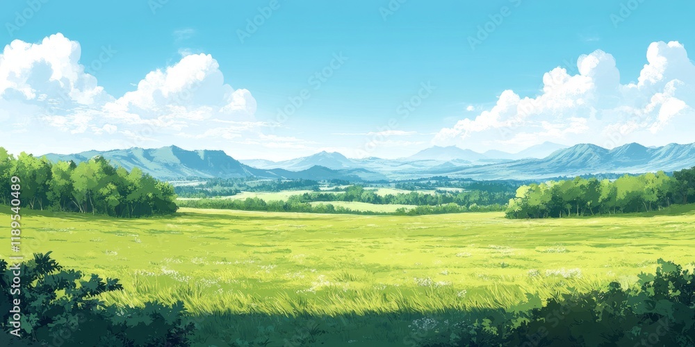 Obraz premium Quiet valley with green fields and forest shadows