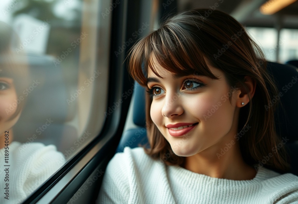 A calm and serene portrait of a young woman in a bus A calm and serene portrait of a young woman in a bus