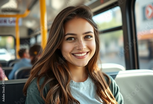 Portrait of a smiling young woman on a bus Free Download Portrait of a smiling young woman on a bus - GFXLoad
