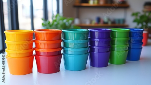 Colorful ceramic cups arranged on a table in a cozy cafe environment with plants