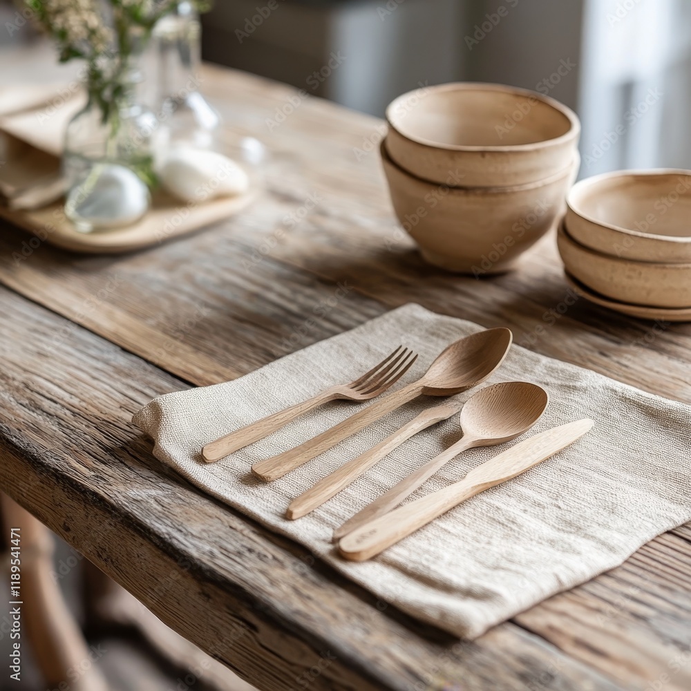 Eco-friendly tableware on a wooden table, stock photo Eco-friendly tableware on a wooden table, stock photo