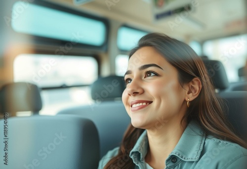 Free Download Woman sitting in a bus with a calm expression - GFXLoad