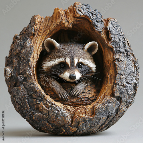 Curious raccoon peeking out of a hollow tree trunk, displaying its distinctive masked face and playful expression, set in a rustic woodland environment photo