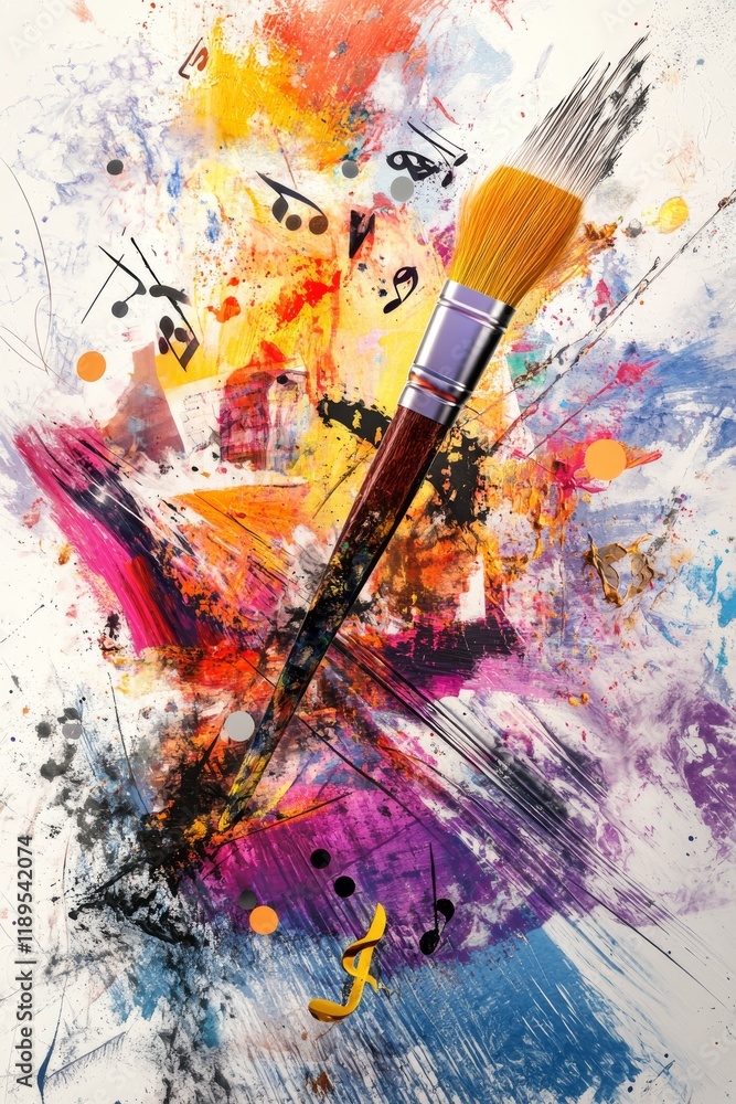 Obraz premium Abstract painting with a paintbrush and musical notes