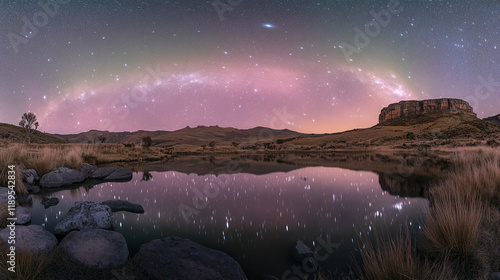 Stunning night sky with star reflections over a serene lake landscape photo