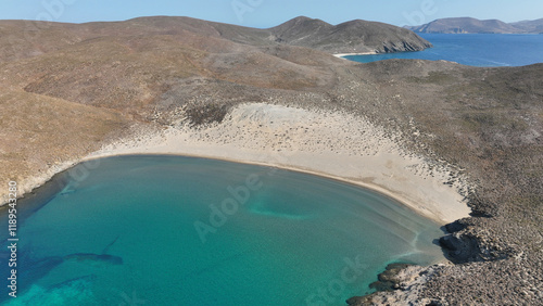 Aerial drone photo of secluded paradise sandy beaches and natural sand dunes in inhabited small island of Antipsara, North Aegean sea, Greece photo