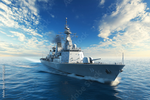 modern warship sailing in still water.  