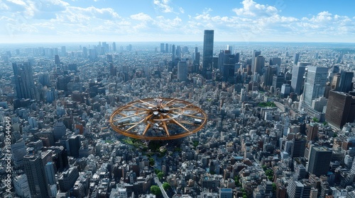 Futuristic Urban Landscape Featuring a Suspended Structure Over a Vibrant Cityscape