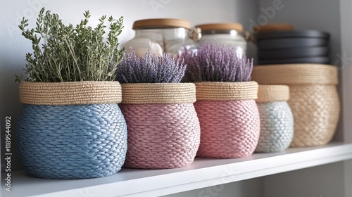 Colorful woven baskets arranged on a shelf against a blue wall in a bright room