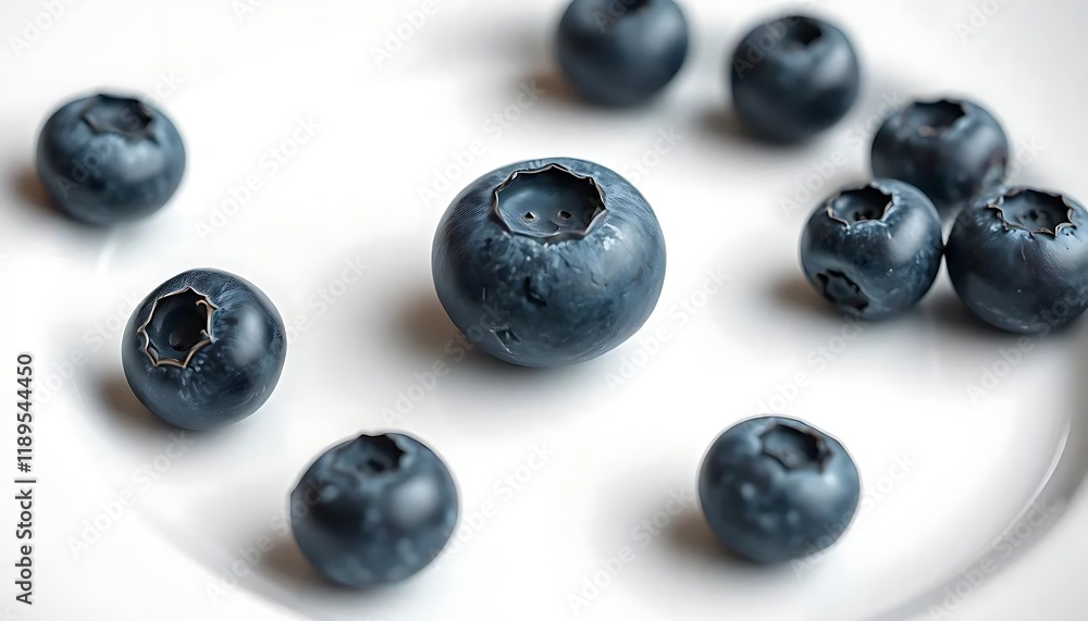 Juicy Blueberries on White Plate: A Close-Up Still Life Juicy Blueberries on White Plate: A Close-Up Still Life