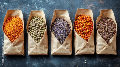 Fresh herbs and spices arranged in burlap sacks on a dark background for culi...