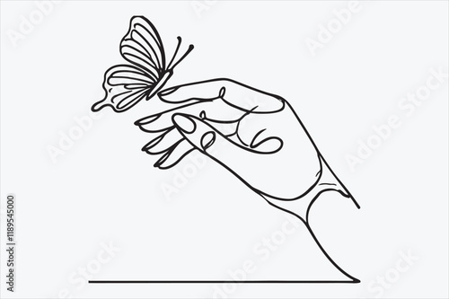 line drawing of a delicate hand holding a butterfly.