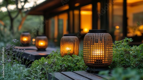 Softly glowing lanterns line a tranquil garden path during twilight in a sere...