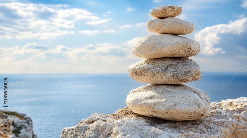 Stacked stones balance on cliff overlooking serene ocean, bright sunny day. Stacked stones balance on cliff overlooking serene ocean, bright sunny day.