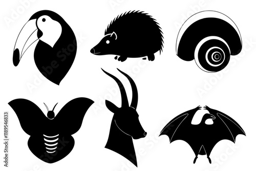  animal icons, toucan, hedgehog, snail, butterfly, antelope, bat, minimalist design, vector graphics, wildlife symbols, stylized creatures, clean outlines, contrasting shap, black and white silhouette photo