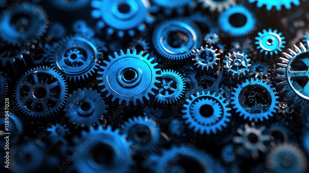 Interlocking Blue Gears in Motion - Industrial Mechanics Concept Interlocking Blue Gears in Motion - Industrial Mechanics Concept