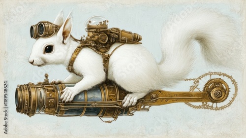 Steampunk squirrel with brass contraption.
