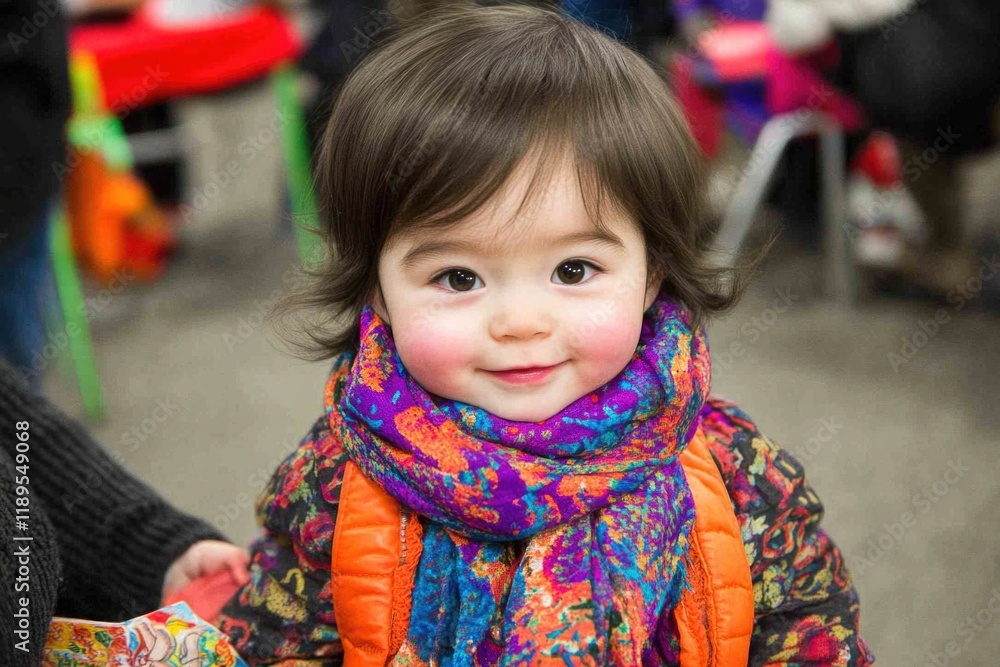 Smiling asian female child in colorful scarf and jacket indoors Smiling asian female child in colorful scarf and jacket indoors