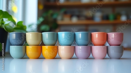 Colorful ceramic cups arranged in a neat row on a bright kitchen counter