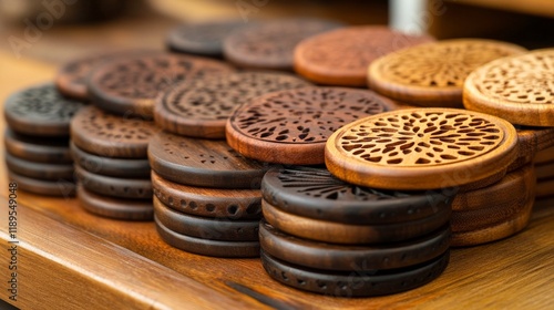 Beautifully crafted wooden coasters arranged on a wooden surface in a cozy se...