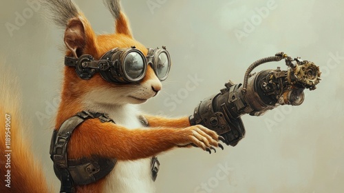 Steampunk squirrel with mechanical arm. photo