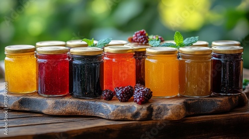 Jars of colorful fruit preserves displayed on wooden board in natural setting...