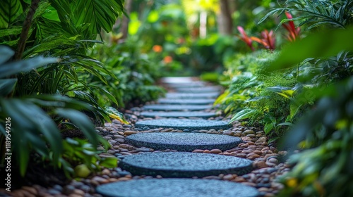 Tranquil garden pathway bordered by lush greenery and vibrant plants during b...