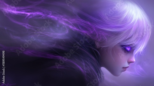 Mysterious young female with white hair and glowing purple eyes in surreal atmosphere photo