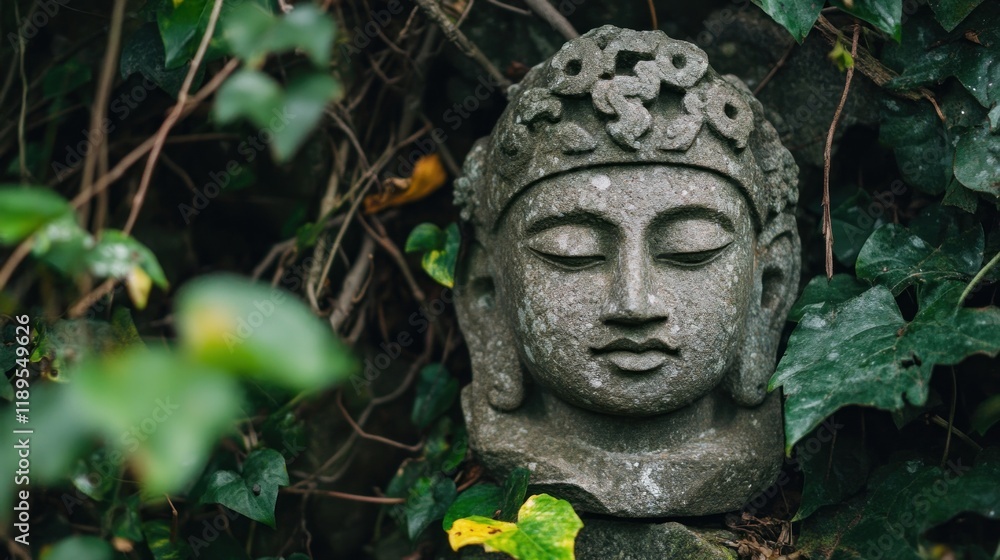 Stone Buddha head nestled amongst lush green foliage. Stone Buddha head nestled amongst lush green foliage.