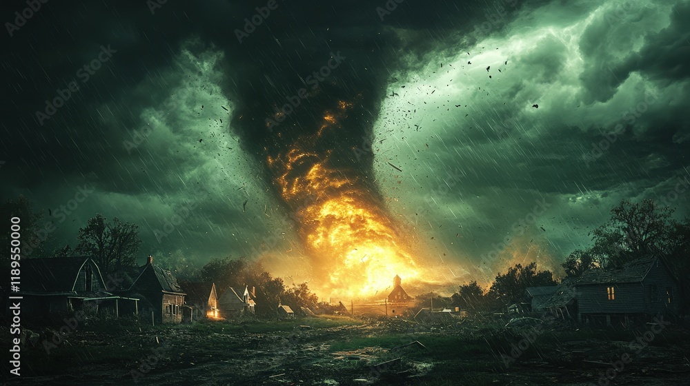 Fototapeta premium A powerful tornado rips through a rural town, funneling clouds and debris into the air. Trees bend violently and homes are threatened as stormy skies loom. The scene captures nature's raw fury