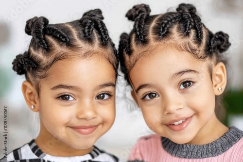 Smiling hispanic young girls with bantu knots and bright eyes photo