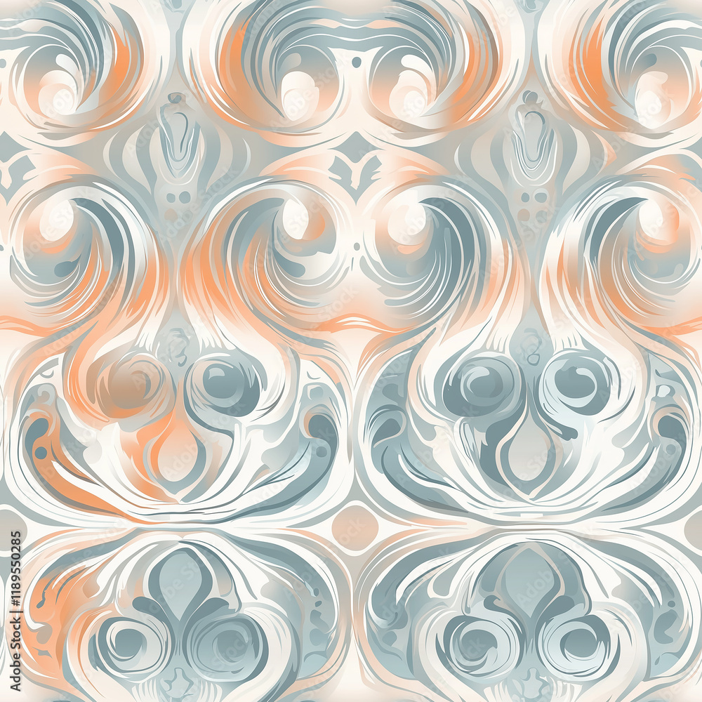 Swirling abstract pattern in soft blue and orange tones, creating an elegant and fluid design suitable for textiles or wallpapers. Swirling abstract pattern in soft blue and orange tones, creating an elegant and fluid design suitable for textiles or wallpapers.