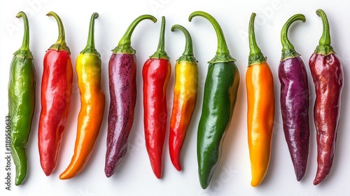 Colorful assortment of chili peppers arranged on a blue background for culina...